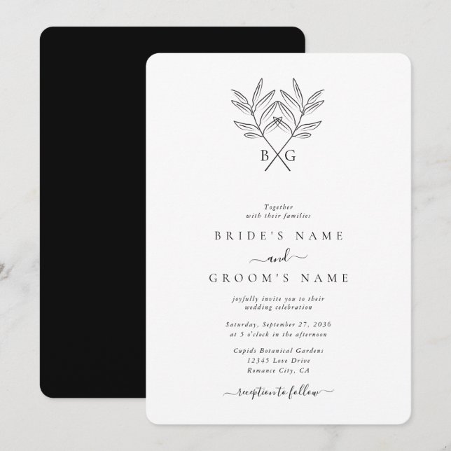 Minimalist Botanical Rustic Monogram Wedding Invitation (Front/Back)