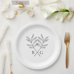 Minimalist Botanical Rustic Monogram Wedding Paper Plate
