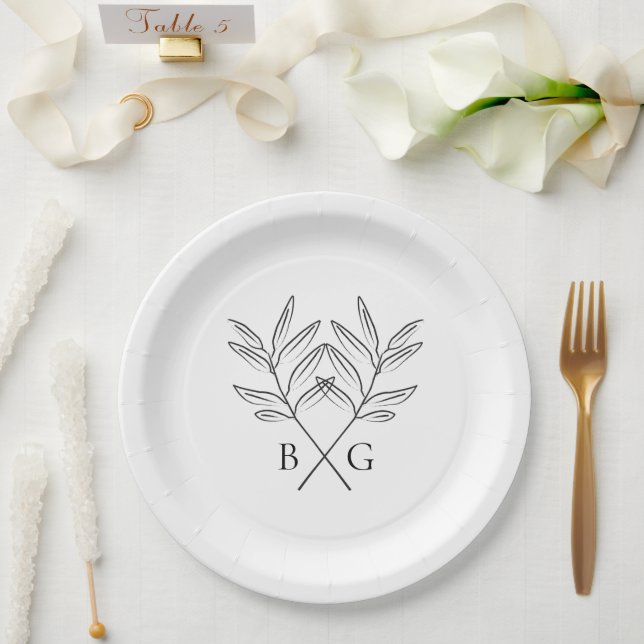 Minimalist Botanical Rustic Monogram Wedding Paper Plate (Wedding)