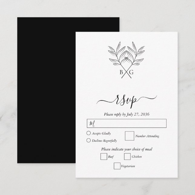 Minimalist Botanical Rustic Monogram Wedding RSVP Card (Front/Back)