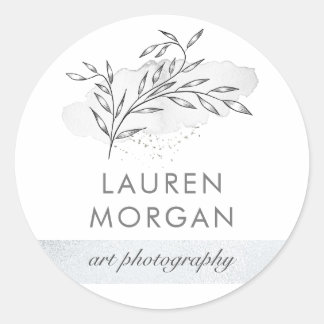 minimalist botanical silver monogram classic round sticker