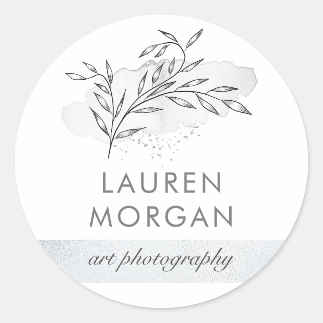 minimalist botanical silver monogram classic round sticker (Front)