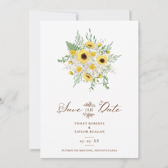 Minimalist Botanical Sunflowers Bouquet Wedding Save The Date (Front)