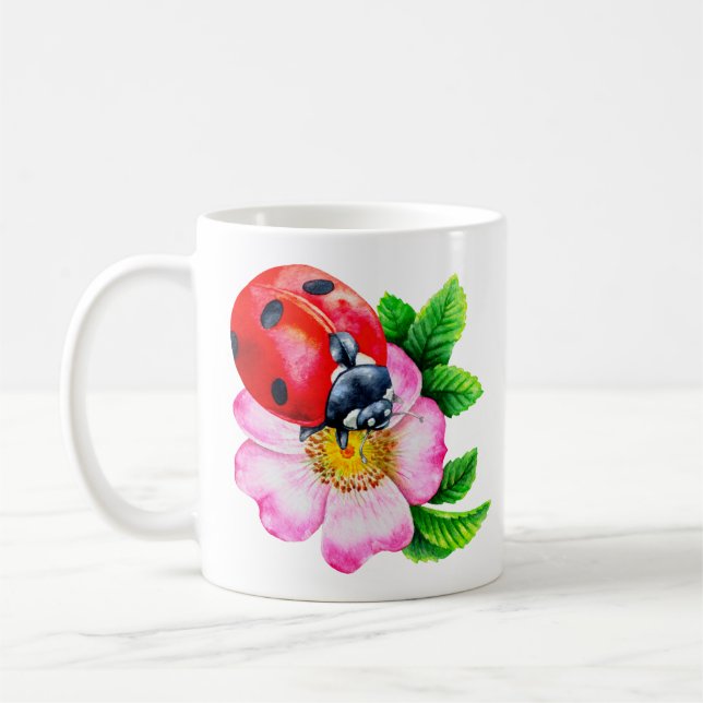 Minimalist Botanical Watercolor Ladybug Flower Mug (Left)