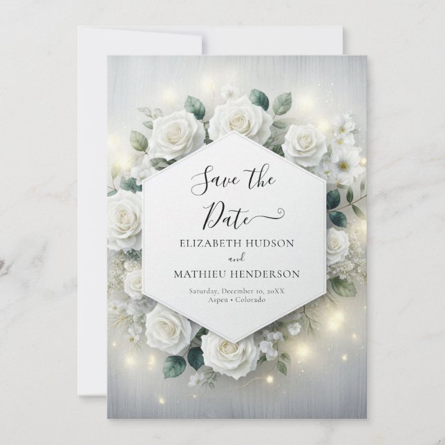 Minimalist Botanical White Roses Wedding Save The Date (Front)