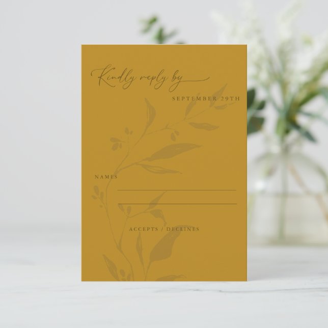 Minimalist Botanical Yellow Boho Script Wedding  RSVP Card (Standing Front)