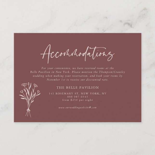 Minimalist Botanicals Mauve Wedding Accommodations Enclosure Card (Front)