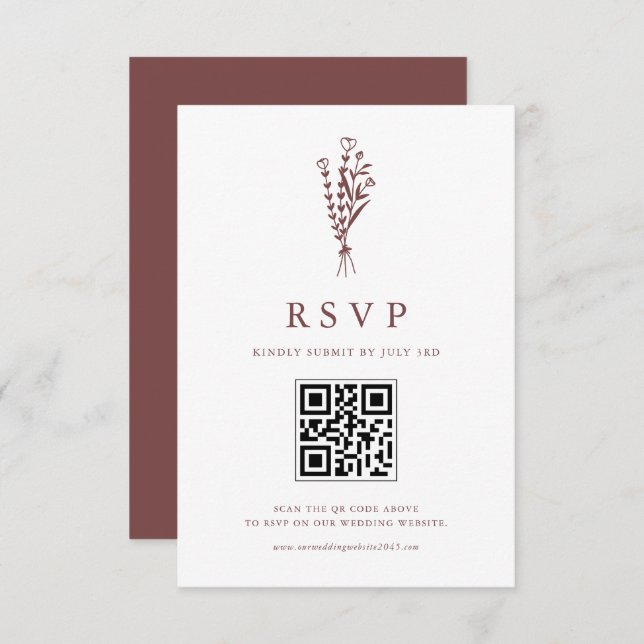 Minimalist Botanicals Mauve Wedding QR Code RSVP Card (Front/Back)