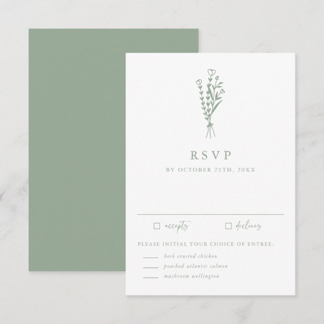 Minimalist Botanicals Sage Green Wedding RSVP Card (Front/Back)