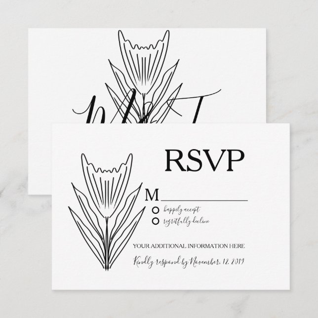 Minimalist Botany Floral Line Art Wedding RSVP Invitation (Front/Back)