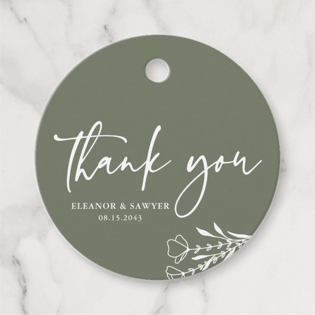 Minimalist Bouquet Taupe Green Wedding Thank You Favour Tags (Front)