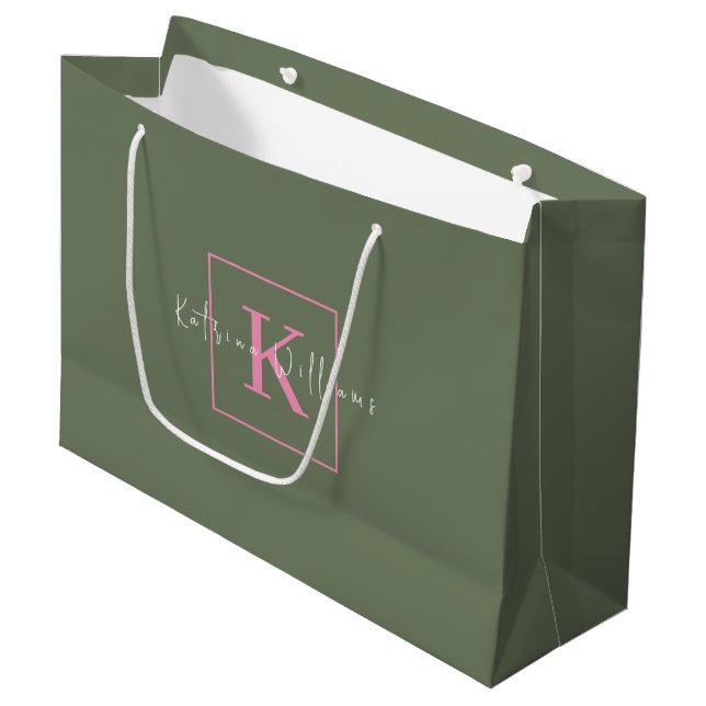 Minimalist Branding Logo Sage Green Pink Monogram Large Gift Bag (Front Angled)