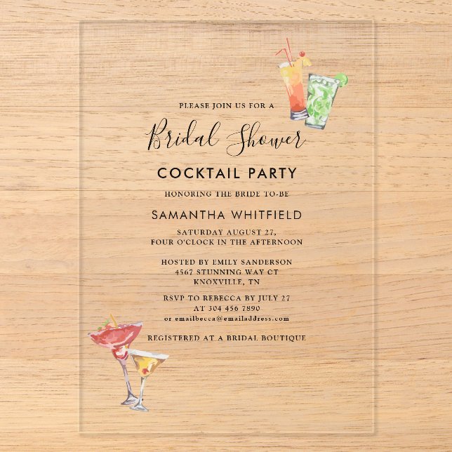 Minimalist Bridal Shower Cocktail Party Acrylic Invitations (Front)