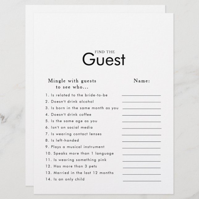 Minimalist Bridal Shower Find the Guest Game (Front/Back)