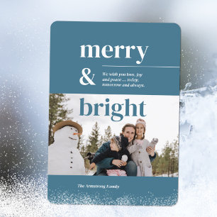 Minimalist Bright Blue Typography Merry Bright Pho Holiday Card