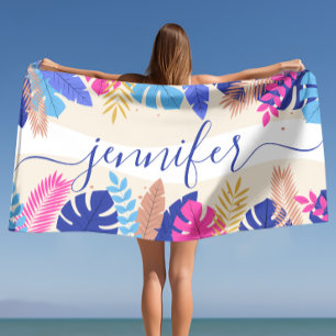 Minimalist Bright Tropical Leaves Custom Name Beach Towel