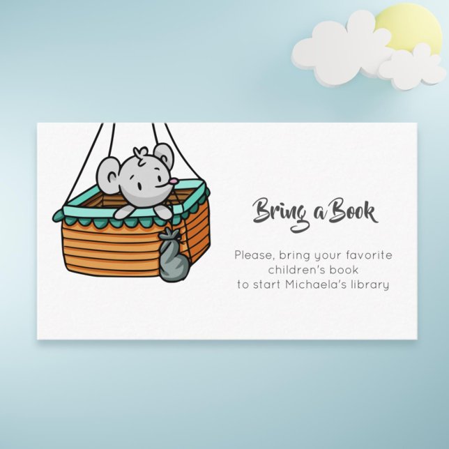 Minimalist Bring a Book with a Mouse in a Basket Enclosure Card (Cute mouse bring a book baby shower card)