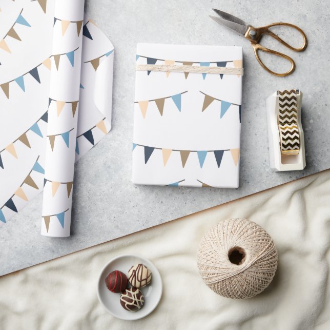 Minimalist Brown Blue Garland Gender Neutral Wrapping Paper (Crafts)