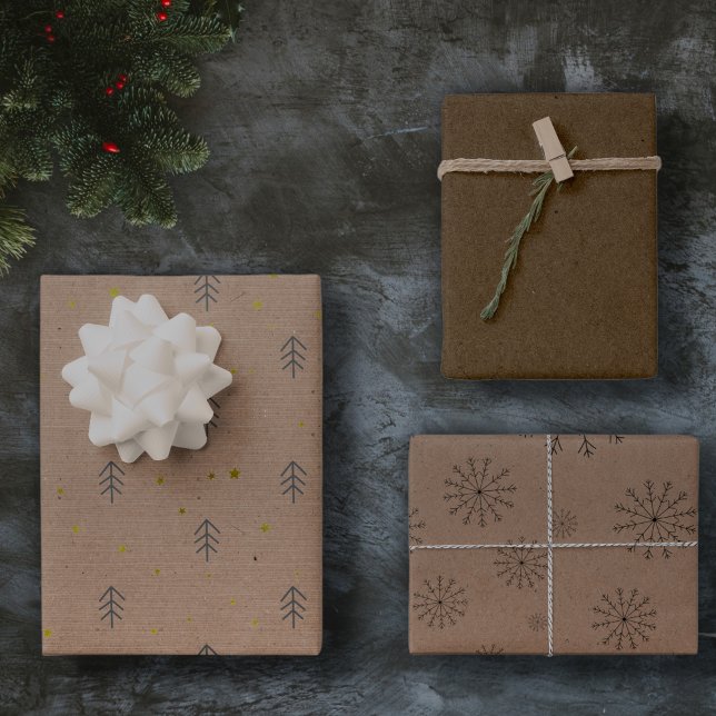 Minimalist Brown Kraft + Black Christmas Trio Gift Wrapping Paper Sheet (Creator Uploaded)