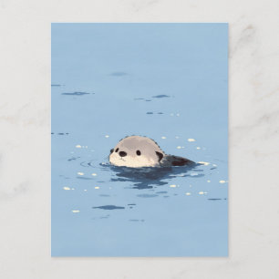 Minimalist Brown Otter Swimming in Blue Water Postcard