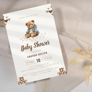 Minimalist Brown Teddy Bear Baby Shower Invitation