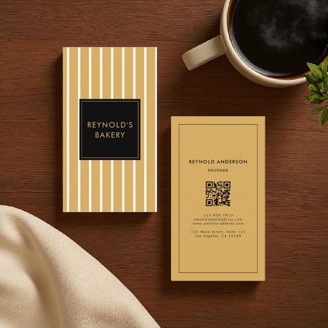 Minimalist Brown & White Stripes QR Code Bakery  Business Card (Creator Uploaded)