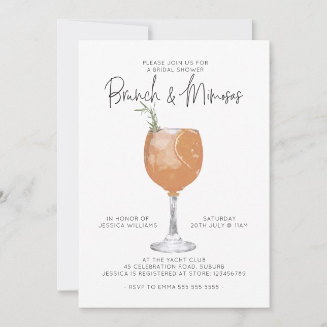 Minimalist Brunch & Mimosas Cocktail Bridal Shower Invitation (Front)