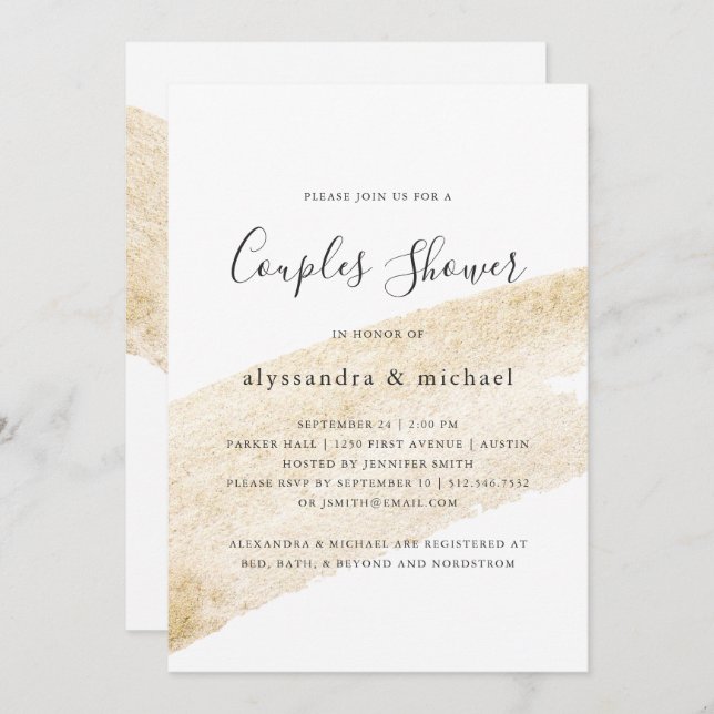 Minimalist Brush | Faux Gold Stripe Couples Shower Invitation (Front/Back)