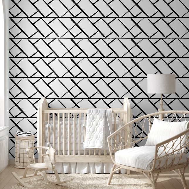 Minimalist Brush Herringbone black white pattern Wallpaper (Kids)