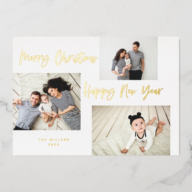 Minimalist Brush Script 3 Collage Photo Foil Holiday Card (Front)