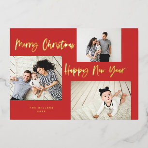 Minimalist Brush Script 3 Collage Photo Red Foil Holiday Card