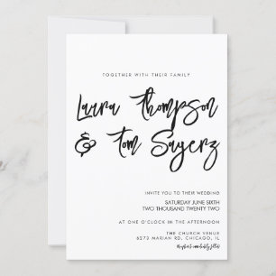 Minimalist Brush Script Black White Wedding Invitation