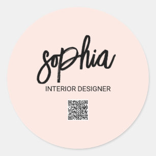 Minimalist Brush Script Blush Pink QR Code Classic Round Sticker