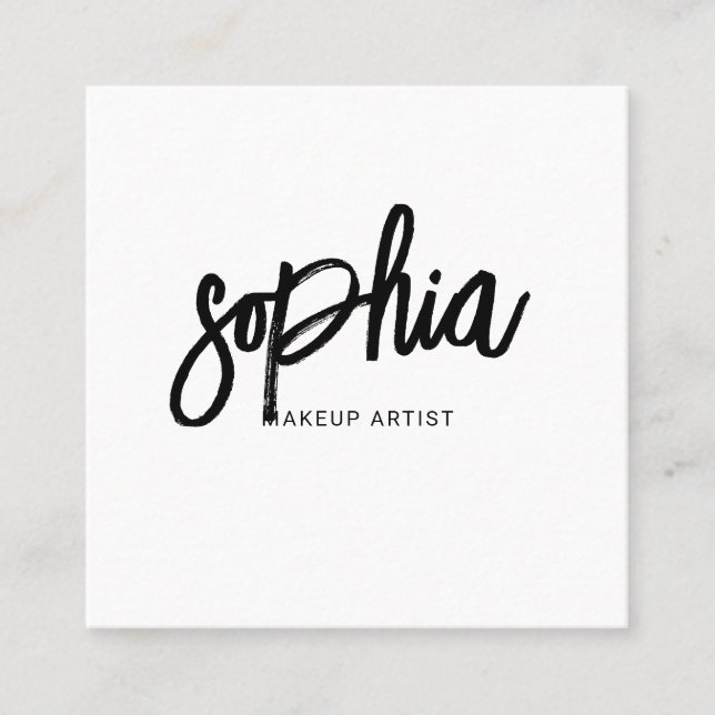 Minimalist Brush Script White Square Business Card (Front)
