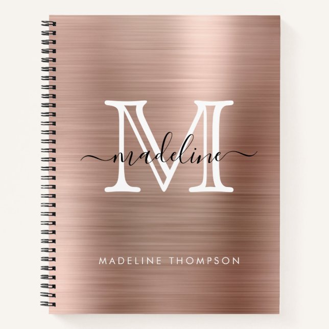 Minimalist Brushed Metal Rose Gold Modern Monogram Notebook (Front)