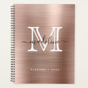 Minimalist Brushed Metal Rose Gold Modern Monogram Planner