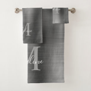 Minimalist Brushed Metallic Silver Grey Monogram Bath Towel Set