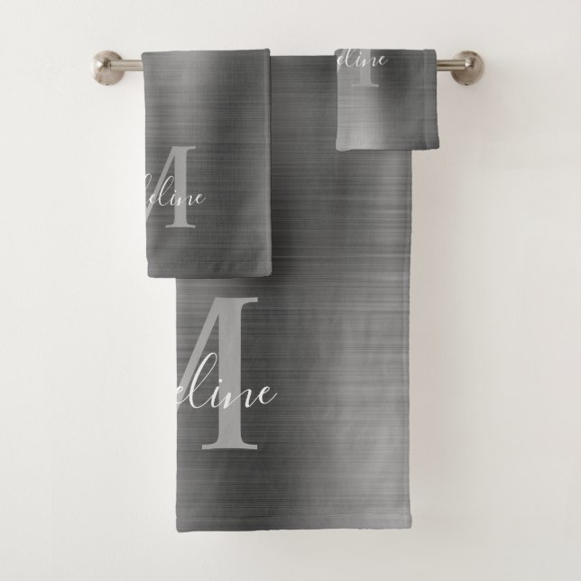 Minimalist Brushed Metallic Silver Grey Monogram Bath Towel Set (Insitu)