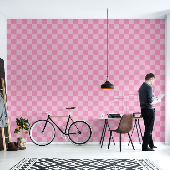 Minimalist Bubblegum Pink Chequered Pattern Wallpaper (Living Room)