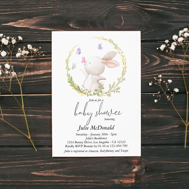 Minimalist Bunny and Butterflies Baby Shower Invitation (Creator Uploaded)