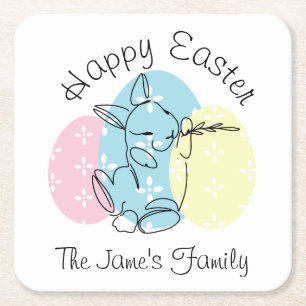Minimalist Bunny Line Art Easter Eggs Spring     Square Paper Coaster