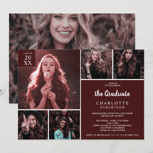 Minimalist burgundy 6 photos collage graduation invitation (Front/Back)