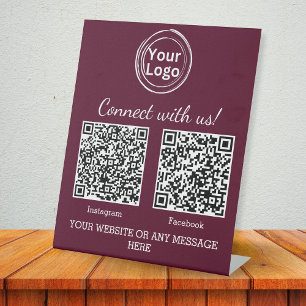 Minimalist Burgundy Business Logo Two QR Codes Pedestal Sign