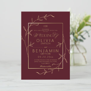 Minimalist Burgundy & Gold Leafs Wedding Invitation