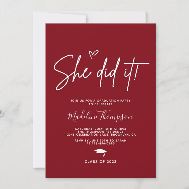 Minimalist Burgundy Heart She did it Graduation Invitation (Front)