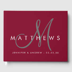 Minimalist Burgundy Modern Grey Monogram Wedding Guest Book
