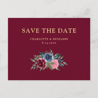 Minimalist Burgundy Navy Blue Floral Save The Date Announcement Postcard