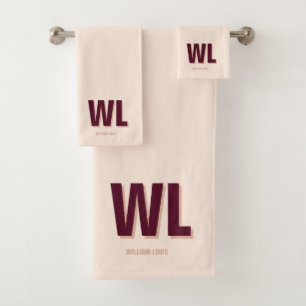 Minimalist Burgundy Pink Personalized Monogram  Bath Towel Set