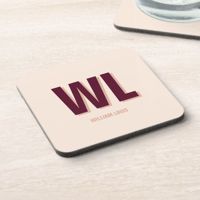 Minimalist Burgundy Pink Personalized Monogram  Coaster (Left Side)