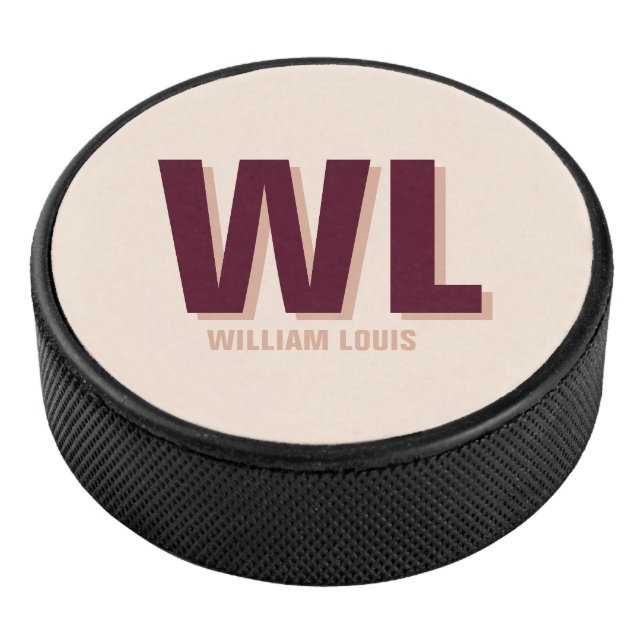 Minimalist Burgundy Pink Personalized Monogram  Hockey Puck (3/4)